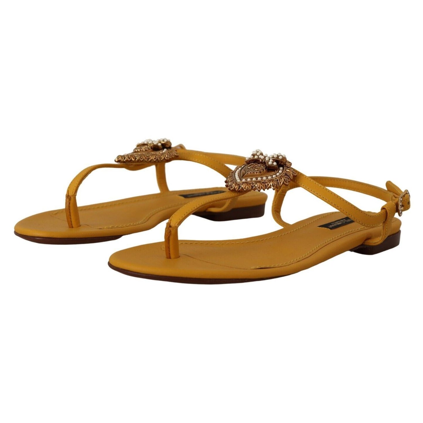 Dolce & Gabbana Mustard Leather Devotion Flats Sandals Shoes