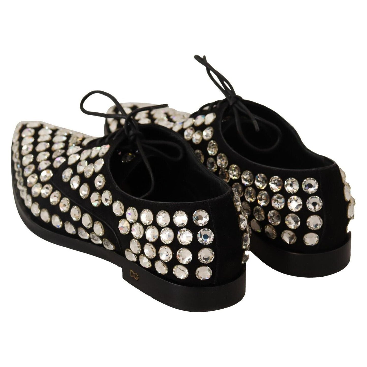 Dolce & Gabbana Black Leather Crystals Lace Up Formal Shoes