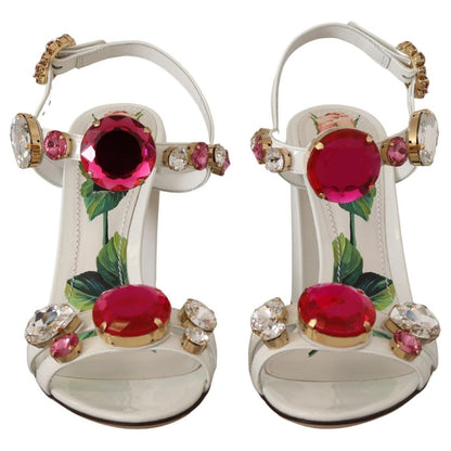 Dolce & Gabbana White Leather Crystal Keira Heels Sandals Shoes