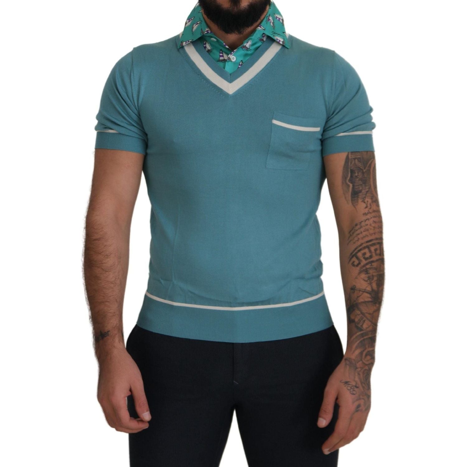 Dolce & Gabbana Blue Silk Polo Top Mens V-neck  T-shirt