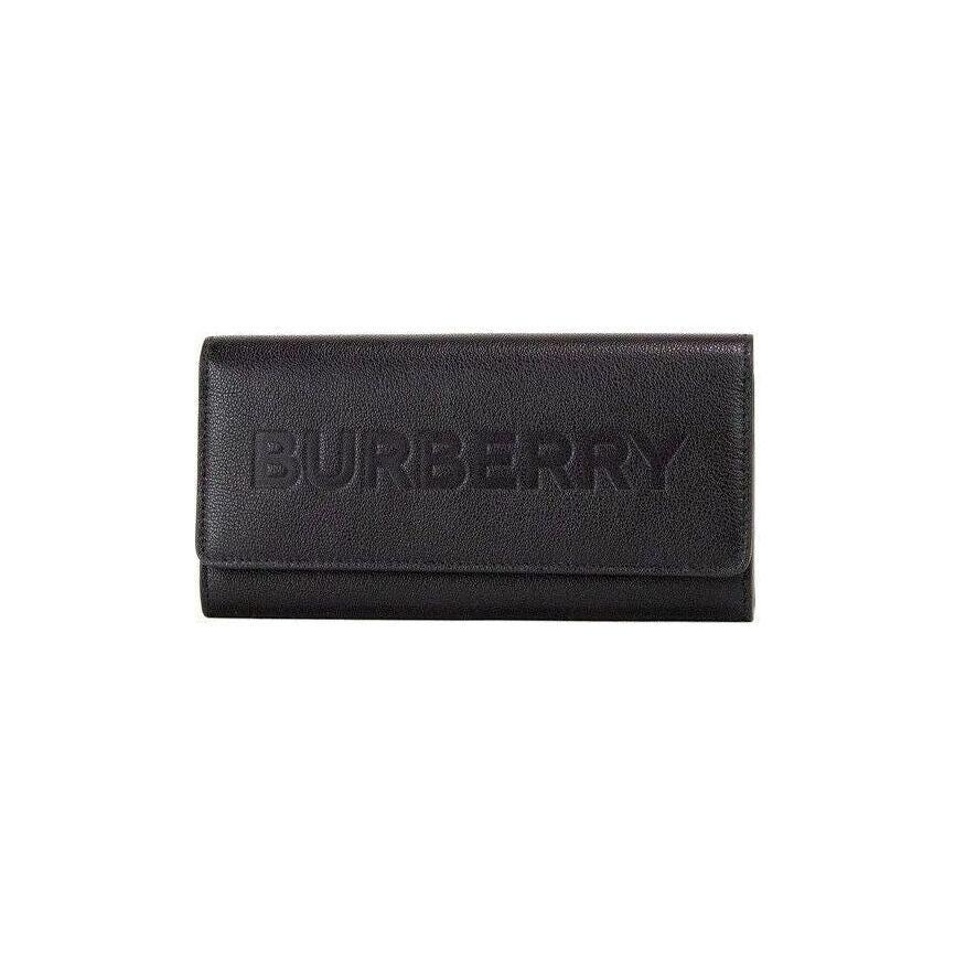 Burberry Porter Black Grained Leather Branded Logo Embossed Clutch Flap Wallet
