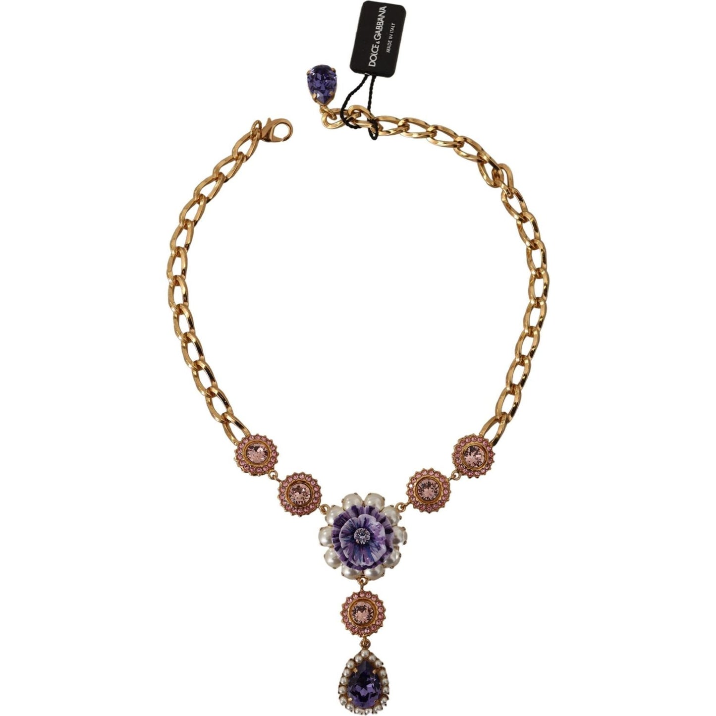 Dolce & Gabbana Gold Brass Crystal Purple Pink Pearl Pendants Necklace Necklace