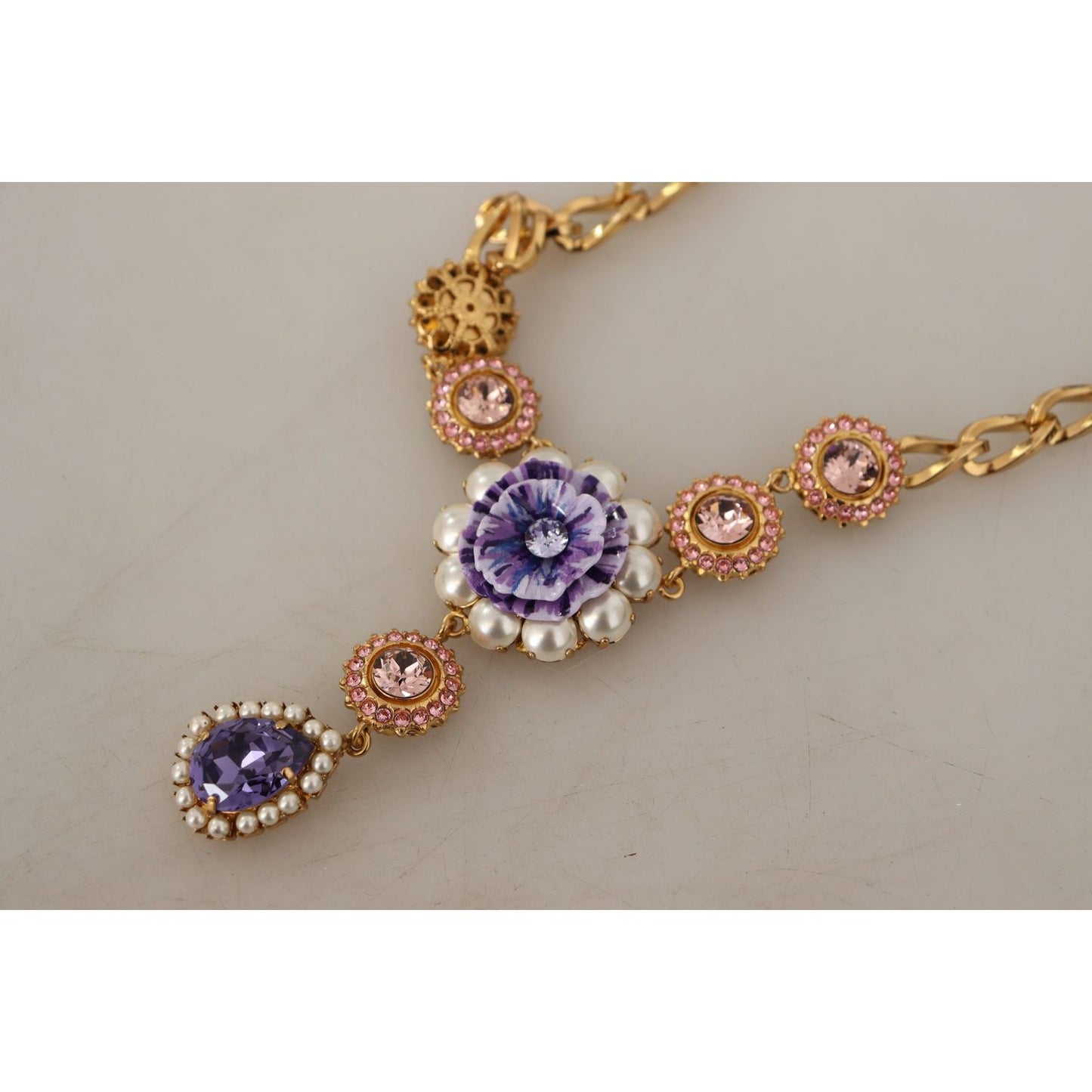 Dolce & Gabbana Gold Brass Crystal Purple Pink Pearl Pendants Necklace Necklace