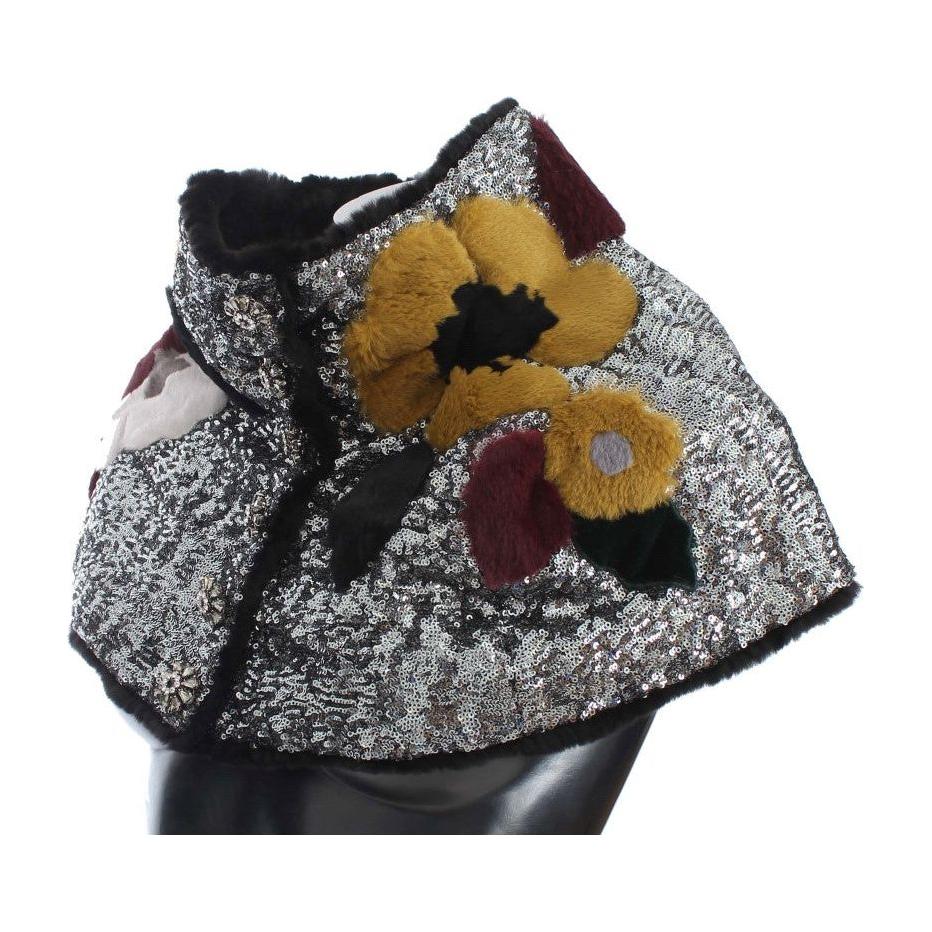 Dolce & Gabbana Silver Sequined Floral Weasel Fur Shoulder Scarf Wrap
