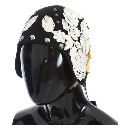 Dolce & Gabbana Black Wool White Floral Gold Leaf Hat Hat