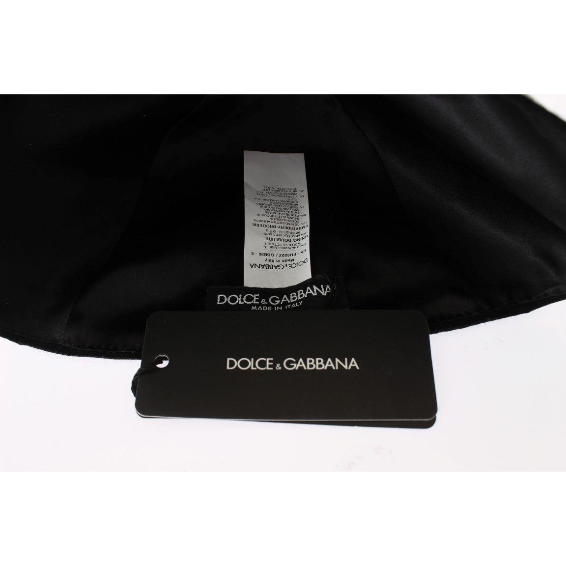 Dolce & Gabbana Black Wool White Floral Gold Leaf Hat Hat