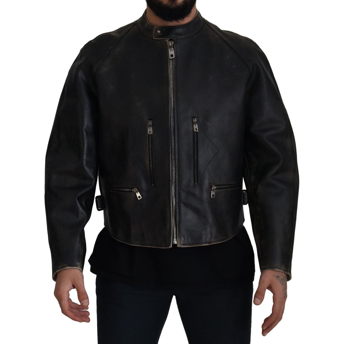 Dolce & Gabbana Black Leather Zipper Biker Coat Jacket