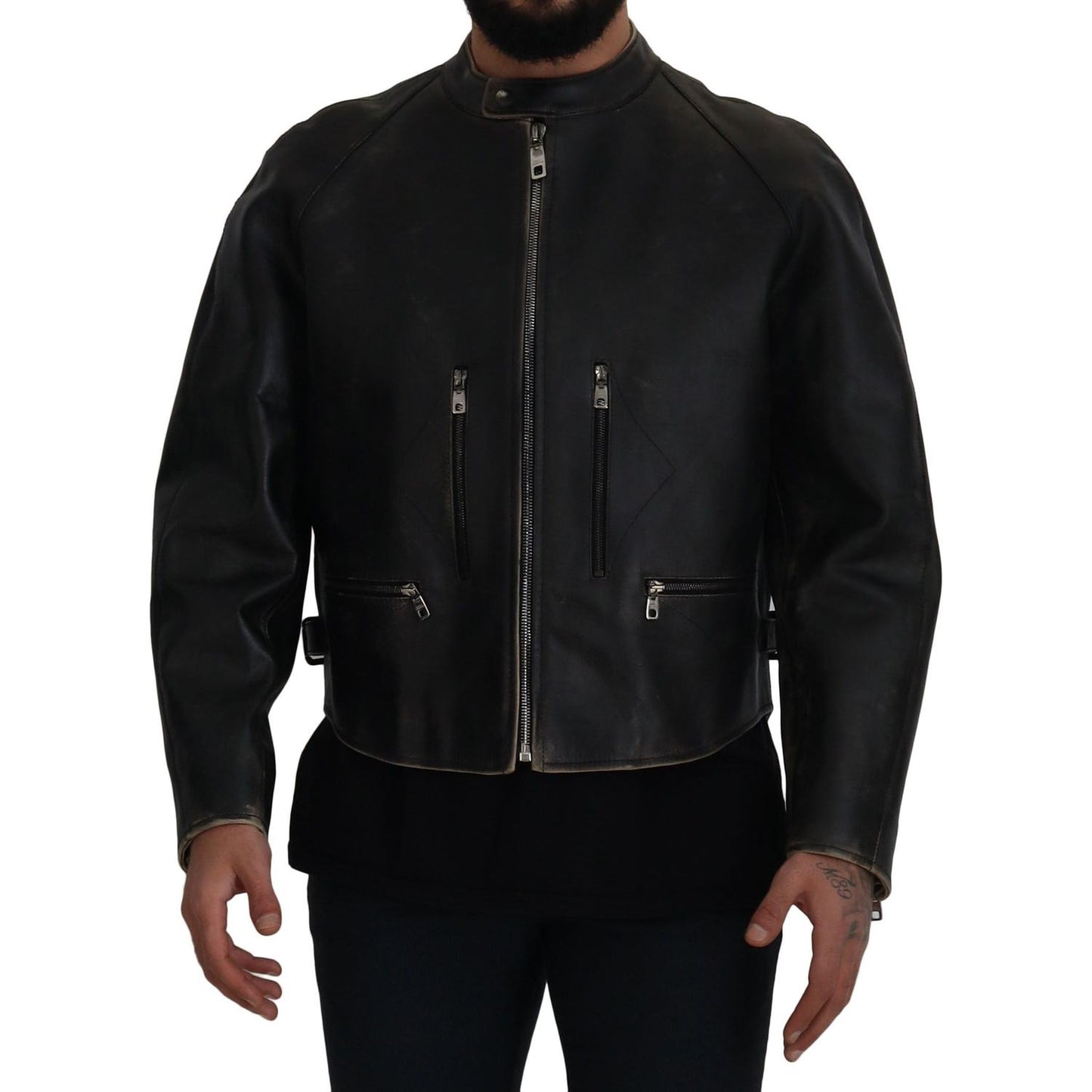 Dolce & Gabbana Black Leather Zipper Biker Coat Jacket