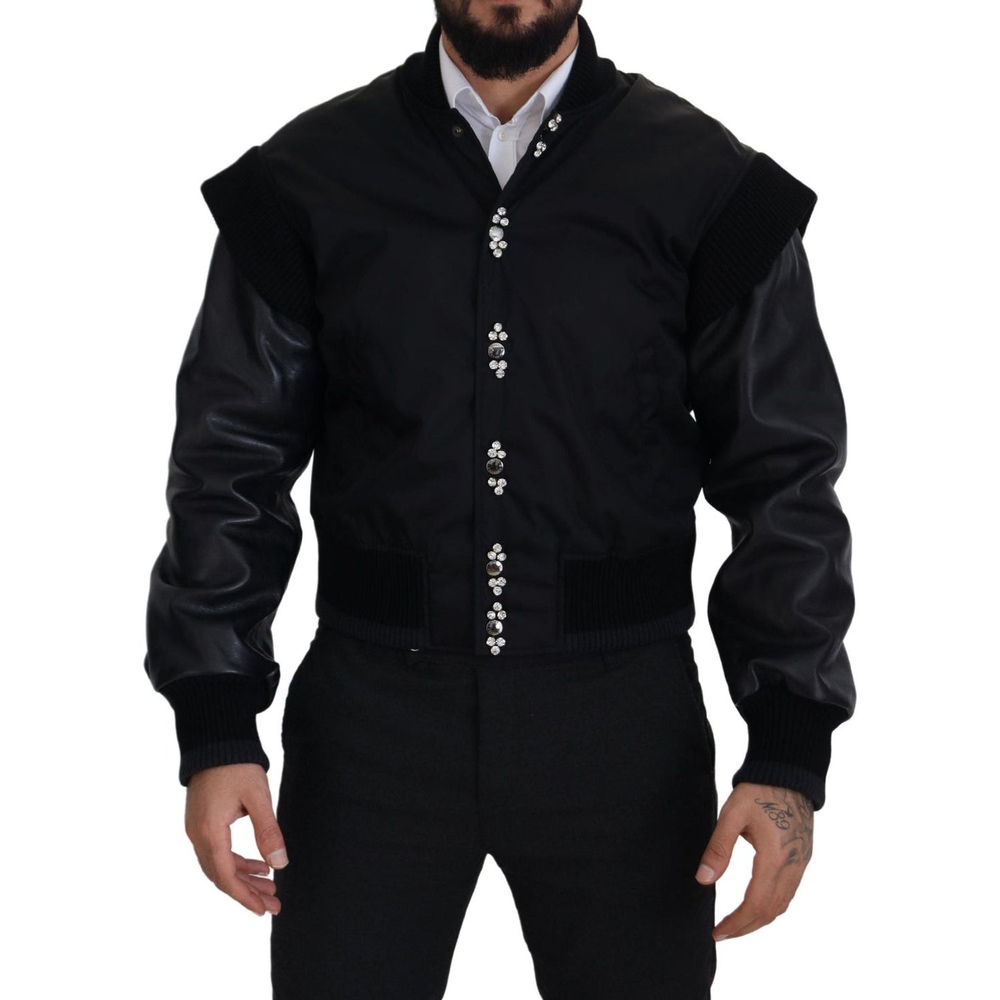 Dolce & Gabbana Black Nylon Crystals Coat Buttons Jacket