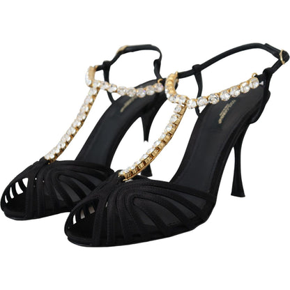 Dolce & Gabbana Black Satin Clear Crystal T-strap Sandal Shoes