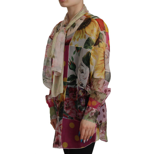 Dolce & Gabbana Multicolor Ascot Collar Patchwork Blouse Top