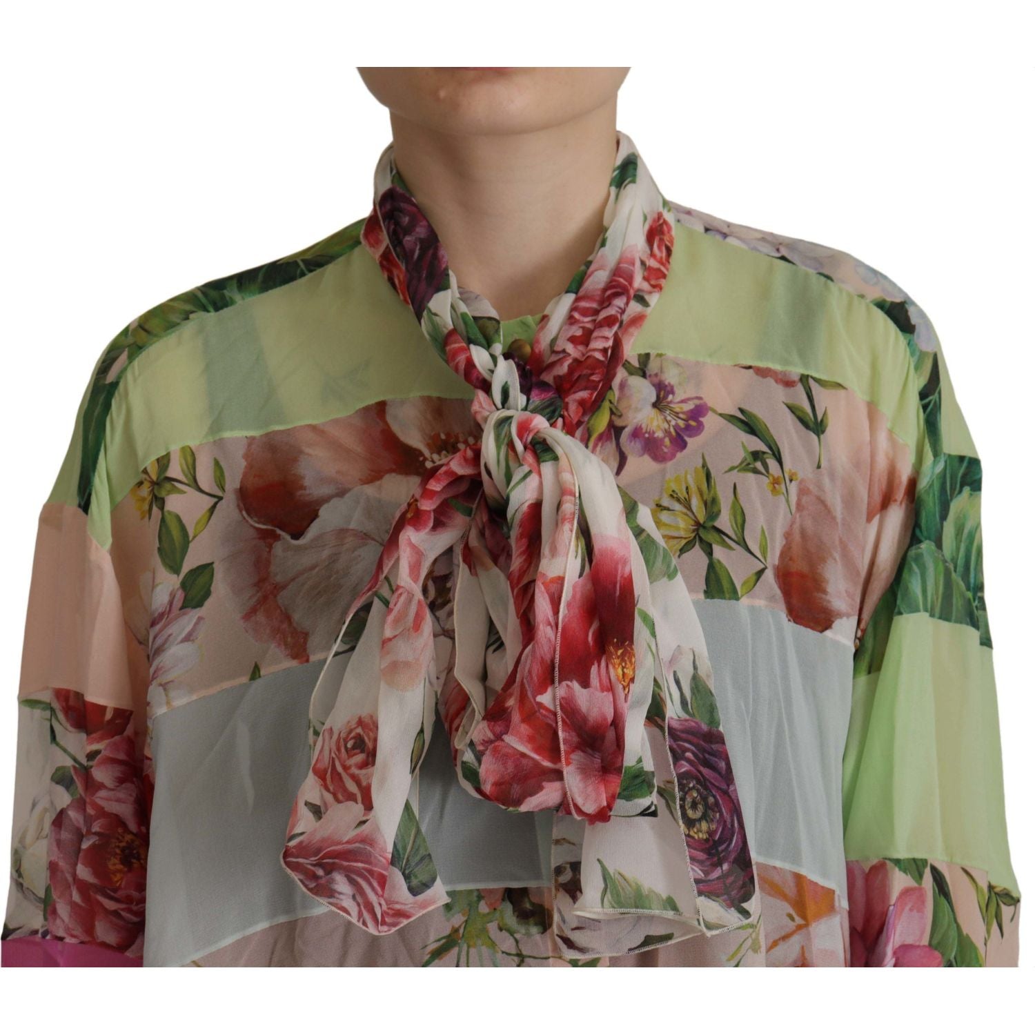 Dolce & Gabbana Multicolor  Floral Patchwork Design Ascot Collar Top Blouse