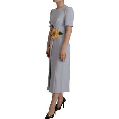 Dolce & Gabbana Blue Floral Applique Midi Viscose Dress