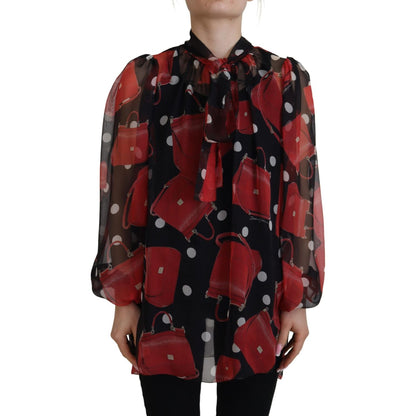 Dolce & Gabbana Black Red Sicily Bag Silk Shirt Top Blouse
