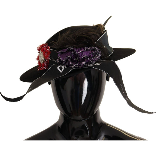 Dolce & Gabbana Black Lapil Crystal Heart Feather Brooch Fedora Hat