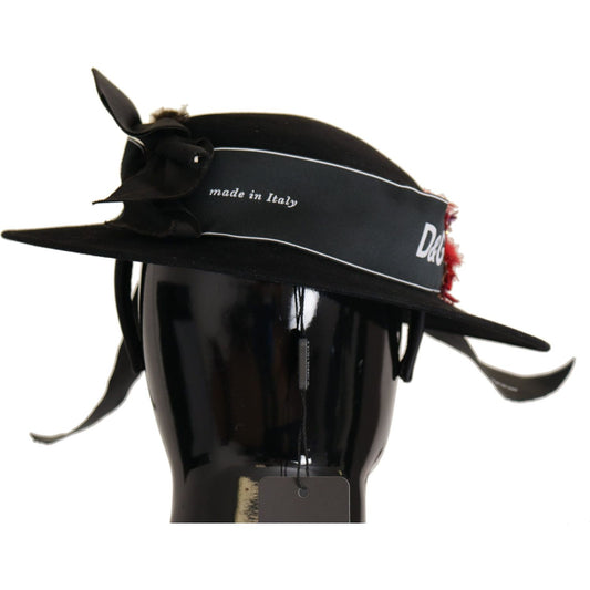 Dolce & Gabbana Black Lapil Crystal Heart Feather Brooch Fedora Hat