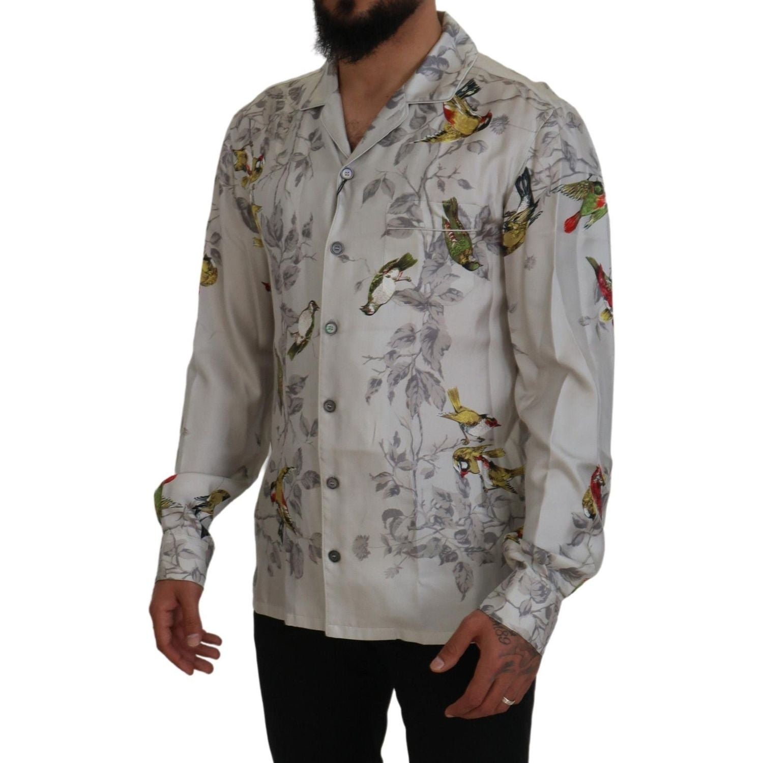 Dolce & Gabbana White Bird Print Silk Satin Casual Shirt