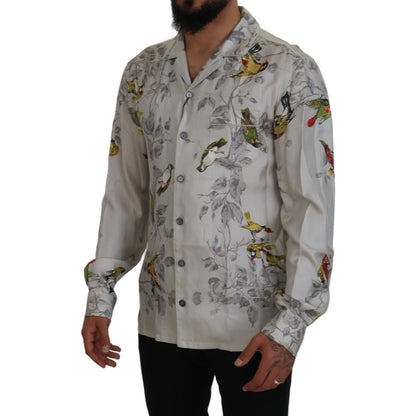 Dolce & Gabbana White Bird Print Silk Satin Casual Shirt