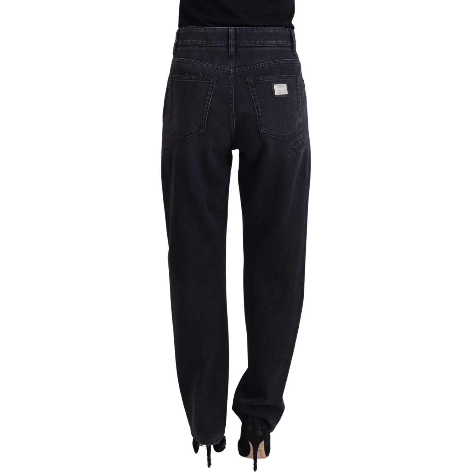 Dolce & Gabbana Black Cotton Tattered High Waist Denim Jeans