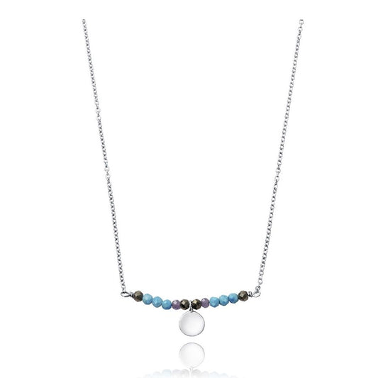 Elegant silver necklace with colorful beads and a circular pendant on a white background.