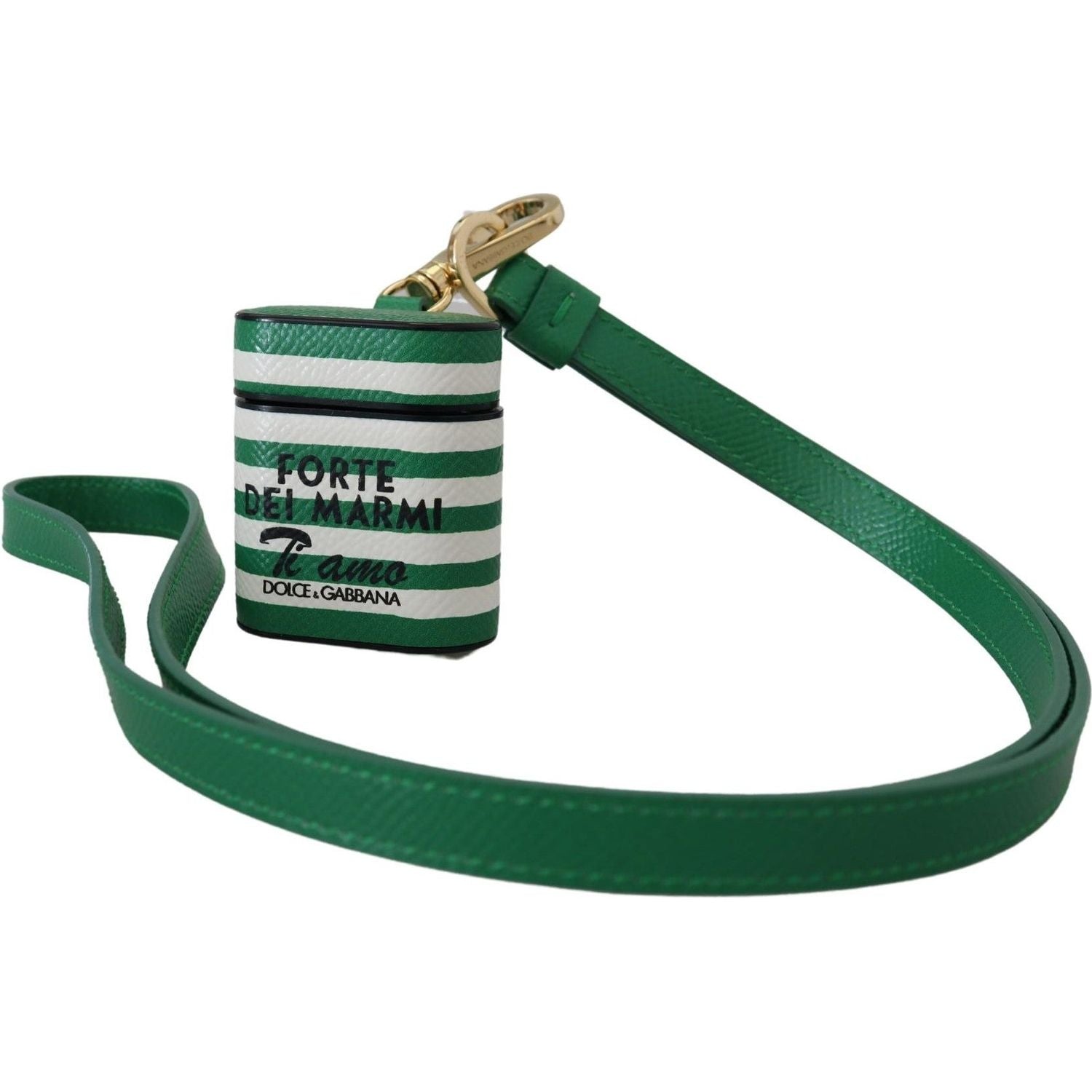 Dolce & Gabbana Green Leather Strap Gold Metal Logo Airpods Case