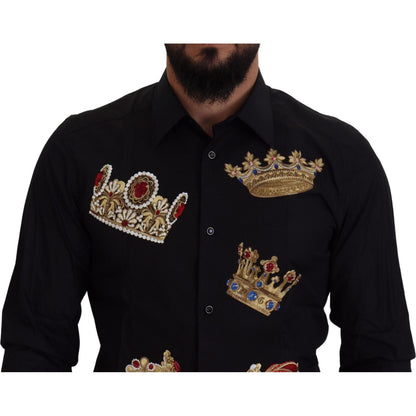 Dolce & Gabbana Black Gold Crown Slim Fit Dress Formal Shirt