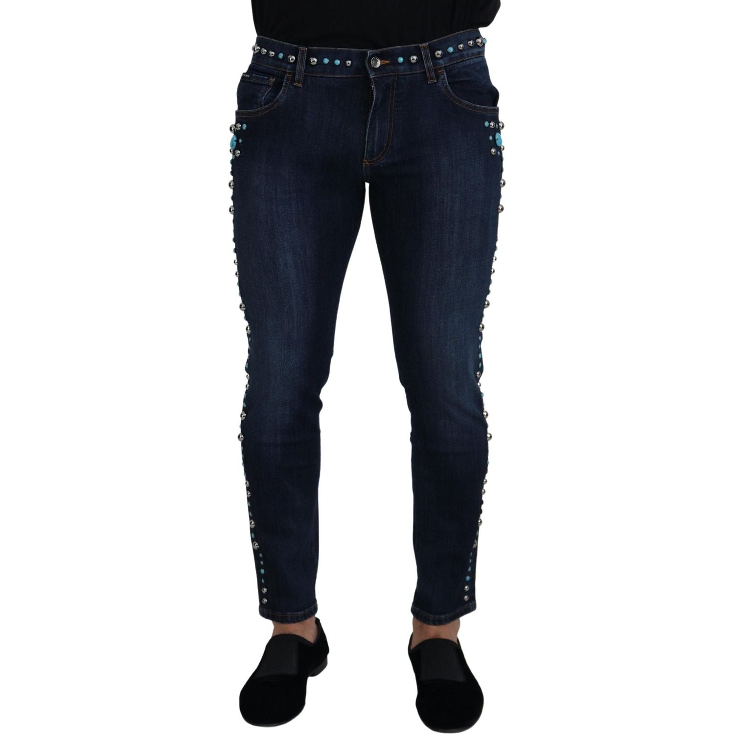 Dolce & Gabbana Blue Cotton Studded Low Waist Denim Jeans