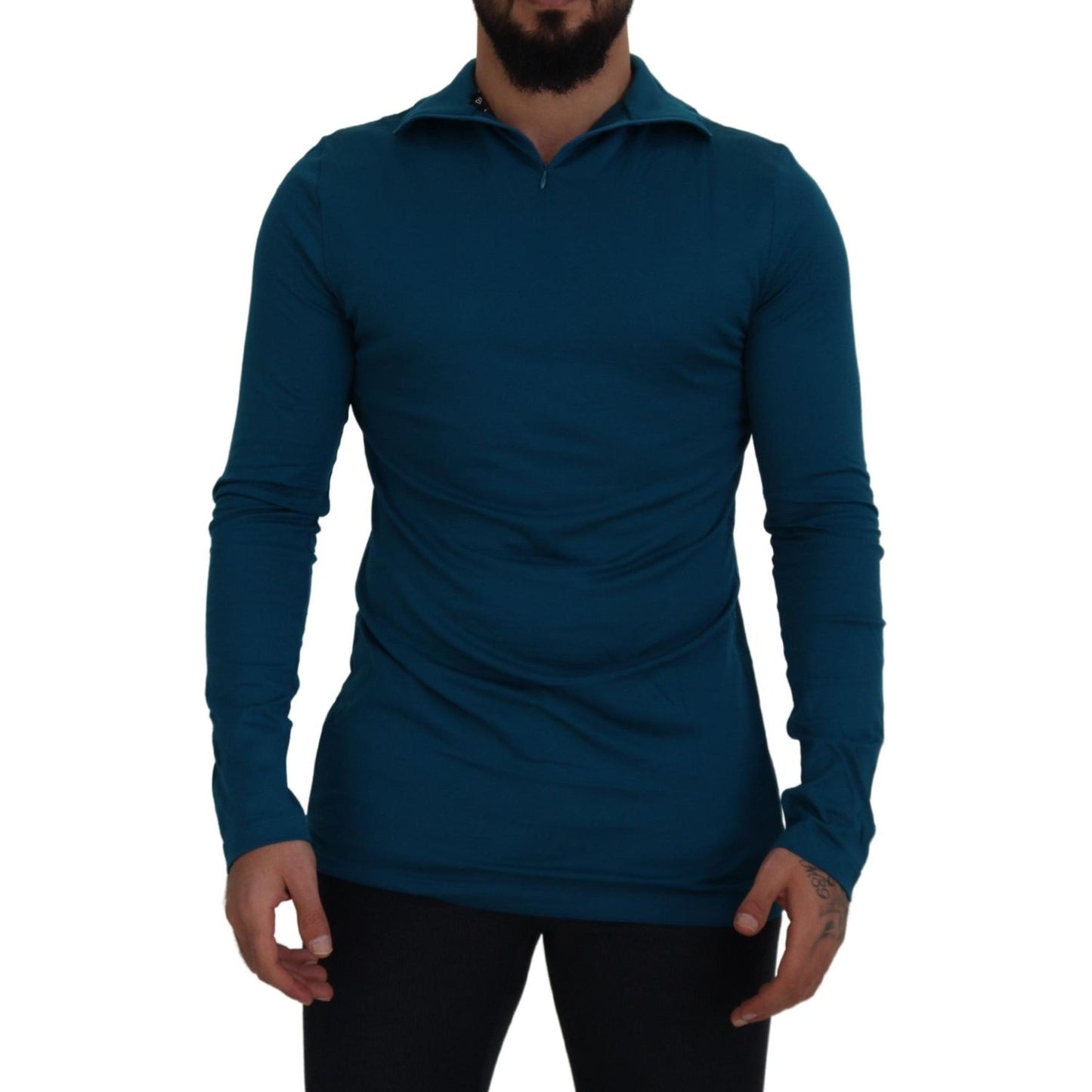 Dolce & Gabbana Blue Cotton Collared Slim Pullover Sweater