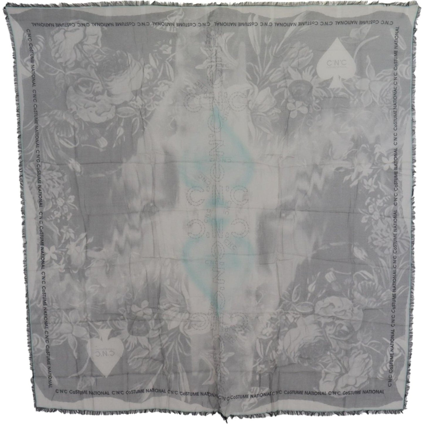 Costume National Gray Print Shawl Foulard Fringes Scarf