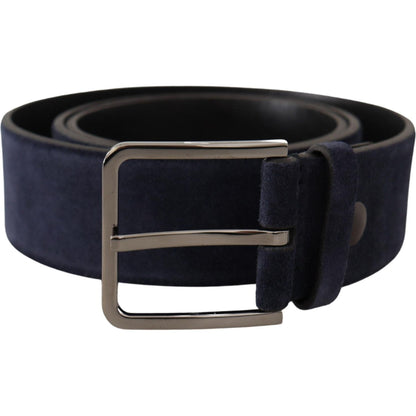 Dolce & Gabbana Navy Blue Velvet Leather Silver Logo Buckle Belt