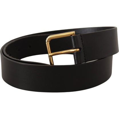 Dolce & Gabbana Black Calf Leather Gold Tone Logo Metal Buckle Belt