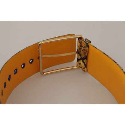 Dolce & Gabbana Blue Floral Patchwork Leather Wide Waist Buckle Belt