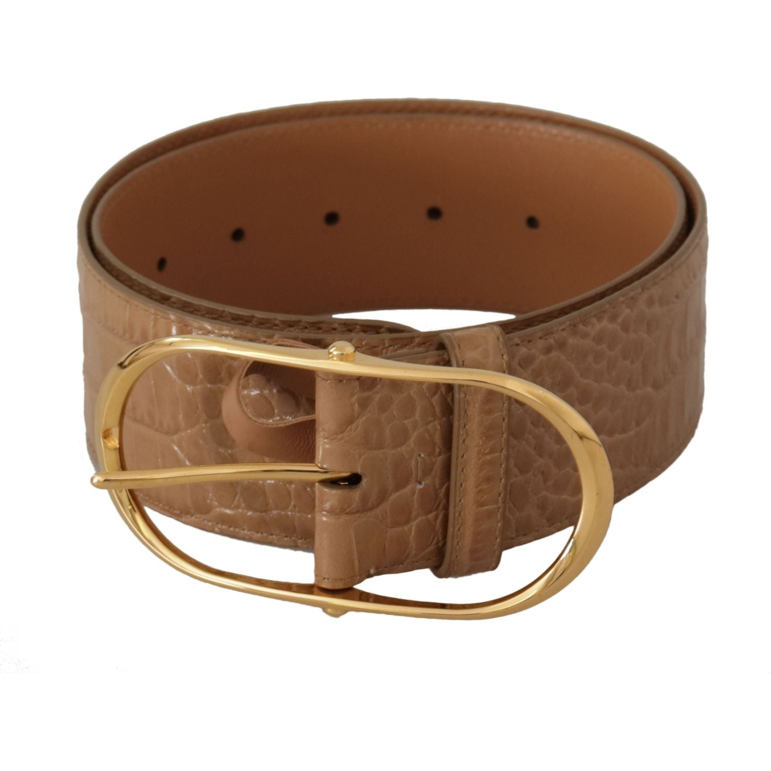 Dolce & Gabbana Brown Beige Leather Gold Metal Oval Buckle Belt