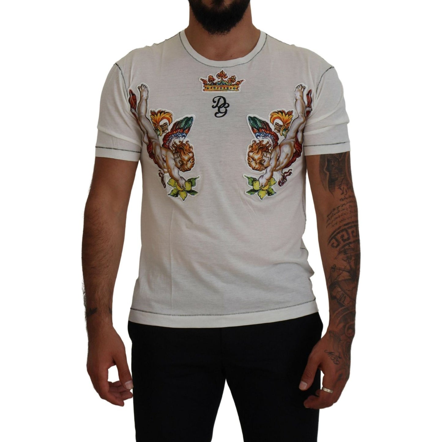 Dolce & Gabbana White Printed Short Sleeves Men T-shirt