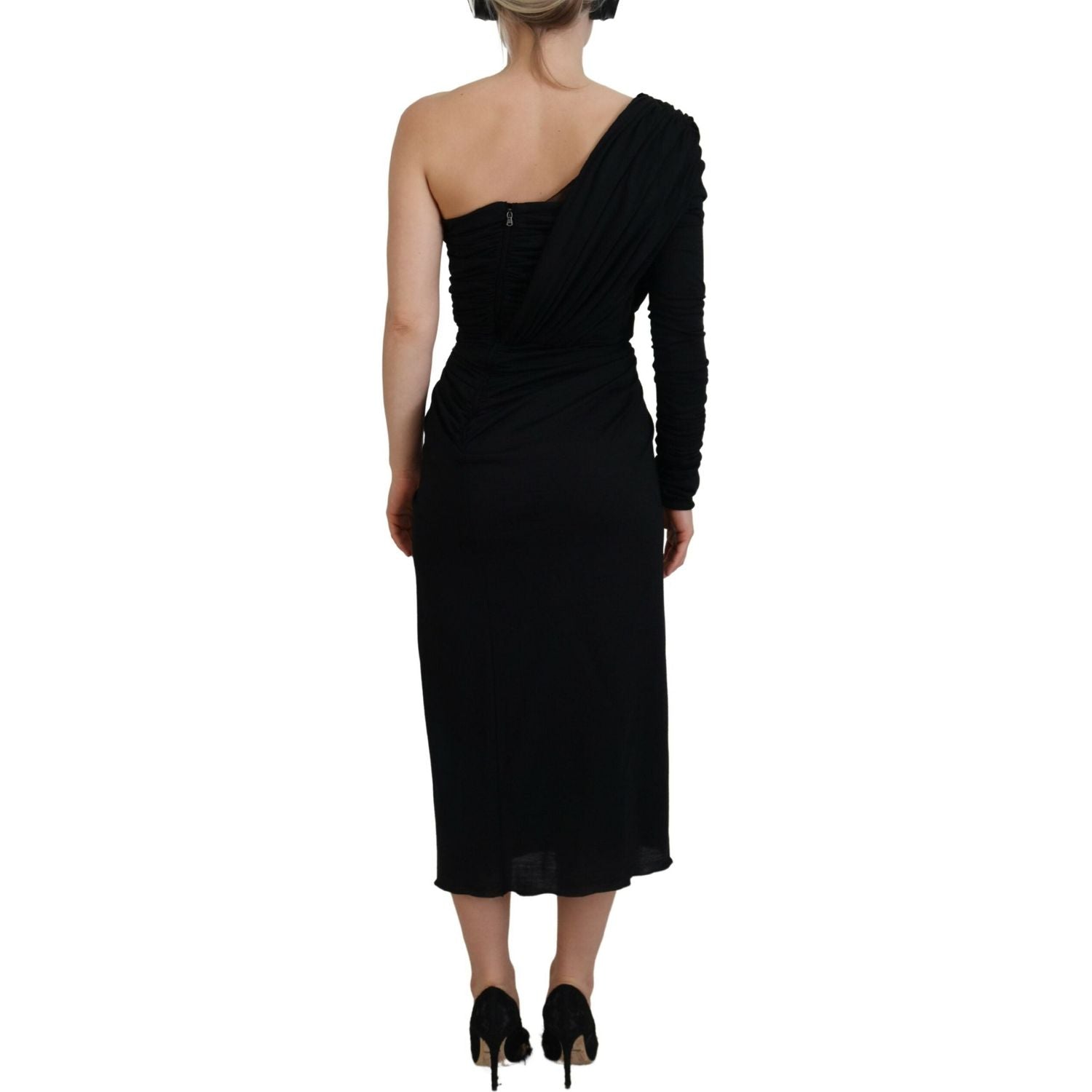 Dolce & Gabbana Black Wrap Sheath One Shoulder Wool Dress