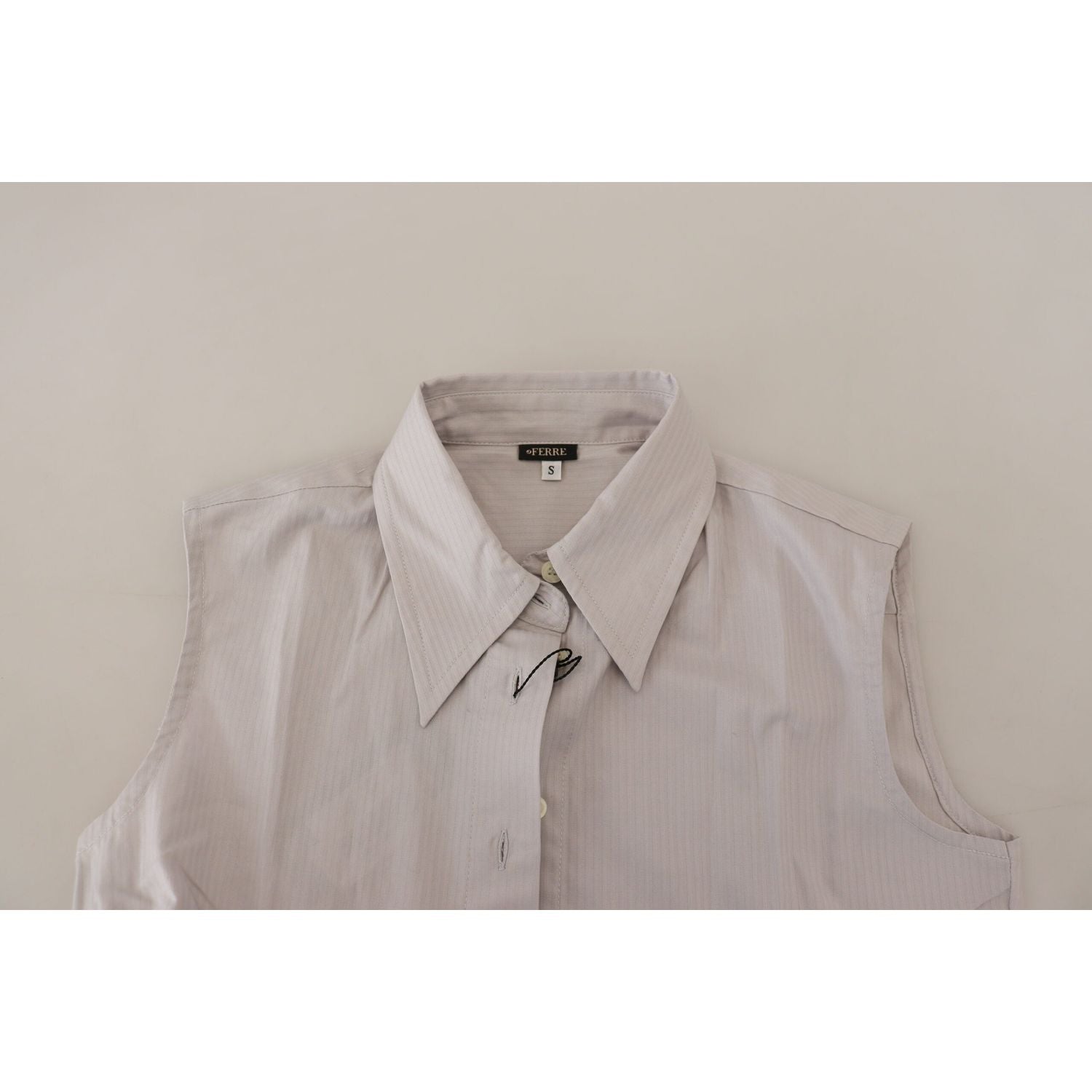 Ferre Light Gray Stripes Cotton Sleeveless Collared Top