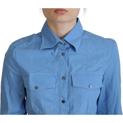 Ferre Blue Cotton Long Sleeves Collared Button Down Top