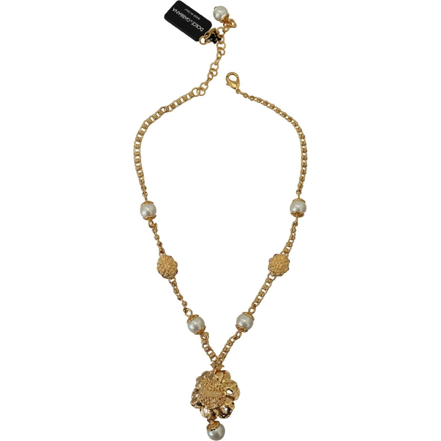 Dolce & Gabbana Gold Tone Floral Crystals Pink Embellished Necklace Necklace