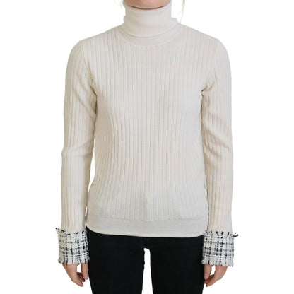Dolce & Gabbana Ivory Turtleneck Distressed Cuff Pullover Sweater