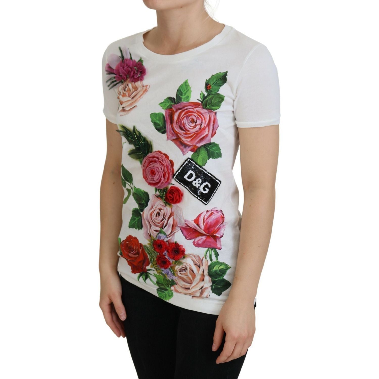 Dolce & Gabbana White Rose DGLogo Printed Short Sleeves Top