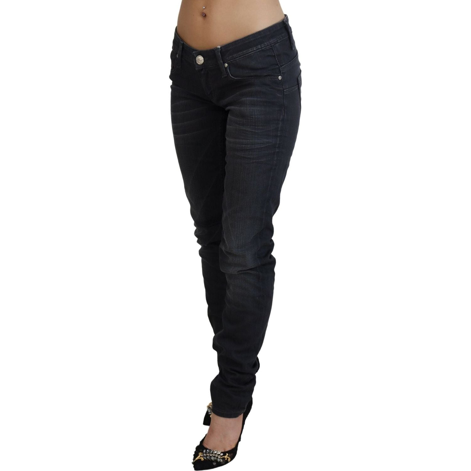 Acht Black Washed Low Waist Slim Fit Cotton Denim Jeans