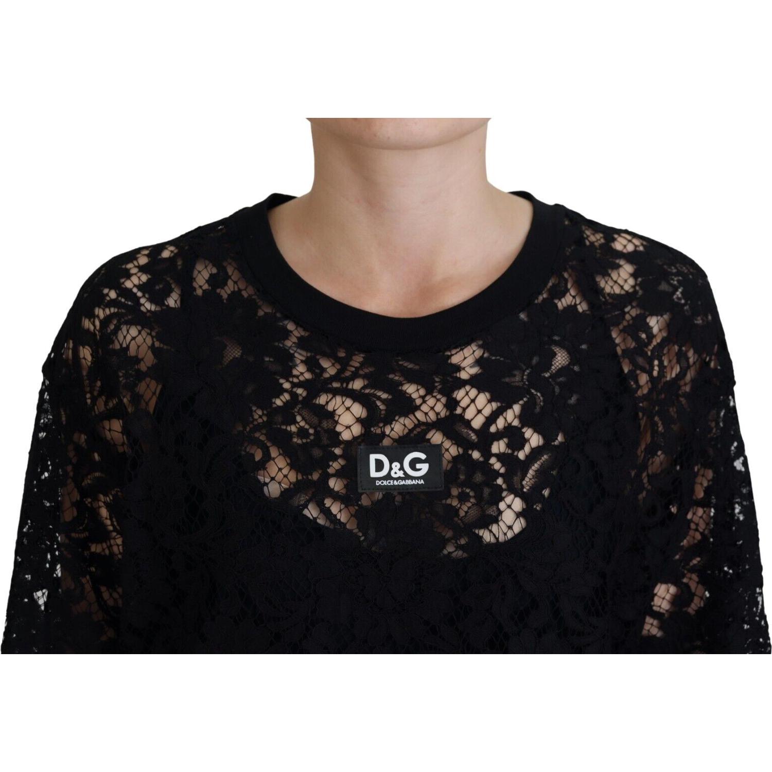 Dolce & Gabbana Black Floral Lace Cotton Shift Mini Dress
