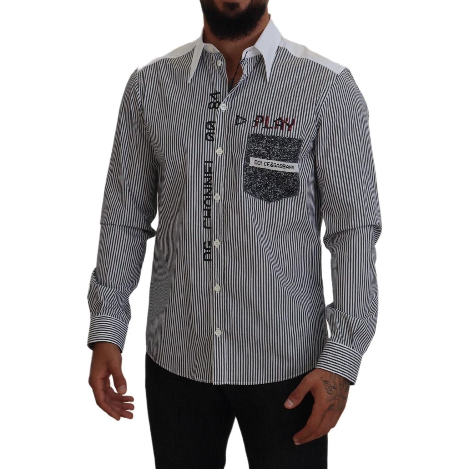 Dolce & Gabbana Black White Striped Printed Casual Cotton Shirt
