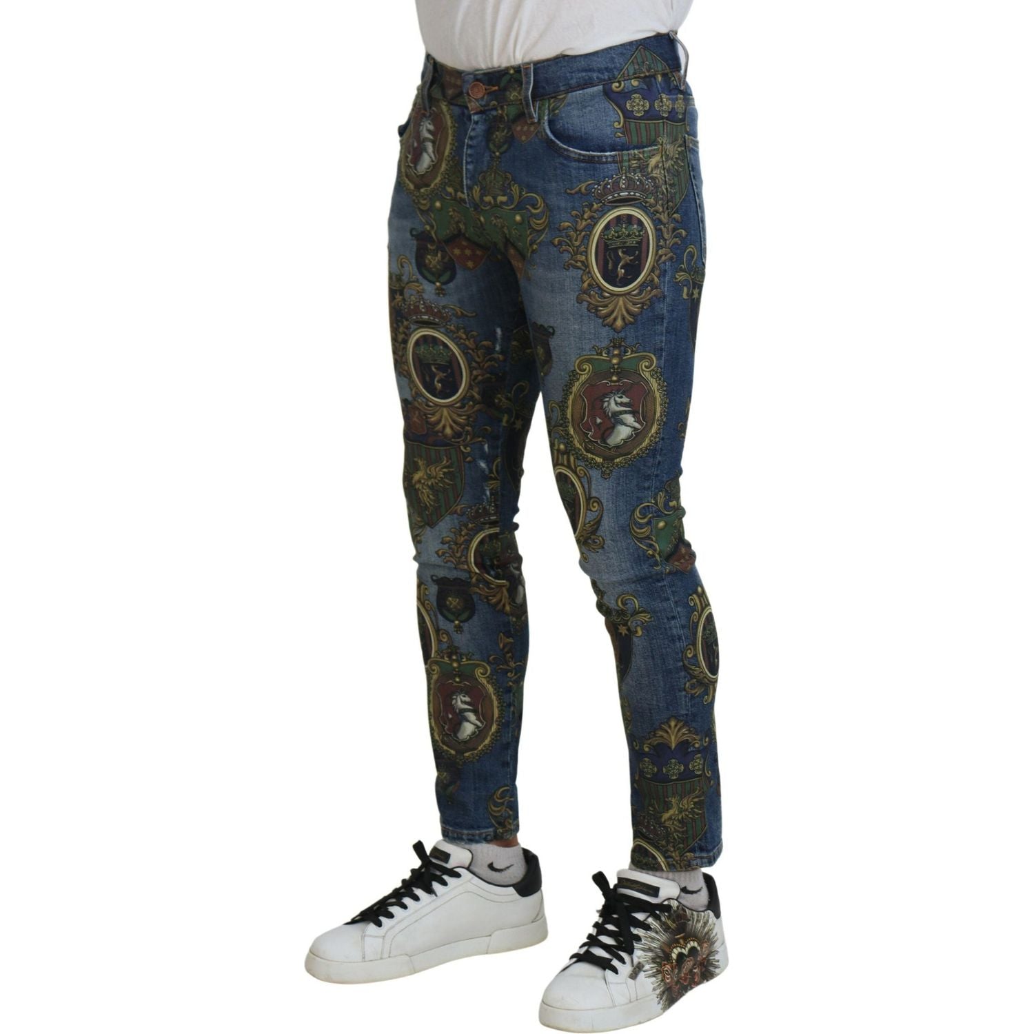 Dolce & Gabbana Blue Medal Print Slim Fit Cotton Jeans