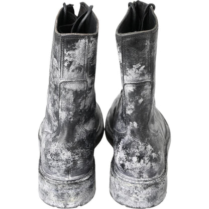 Dolce & Gabbana Black Gray Leather Mid Calf Boots Shoes
