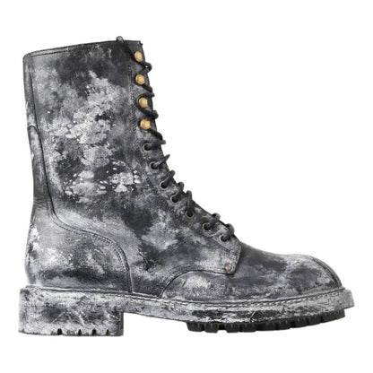 Dolce & Gabbana Black Gray Leather Mid Calf Boots Shoes