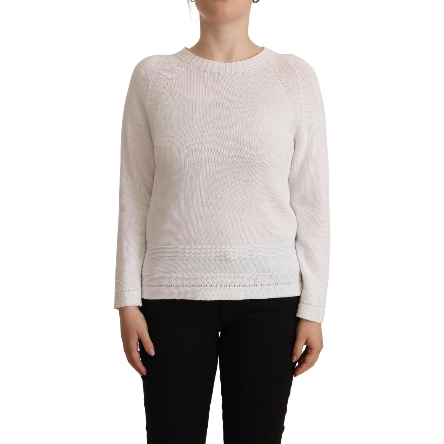 Alpha Studio White Long Sleeves Crewneck Pullover Sweater