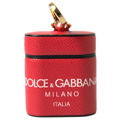 Dolce & Gabbana Red Leather Gold Tone Metal Logo Print Airpods Case
