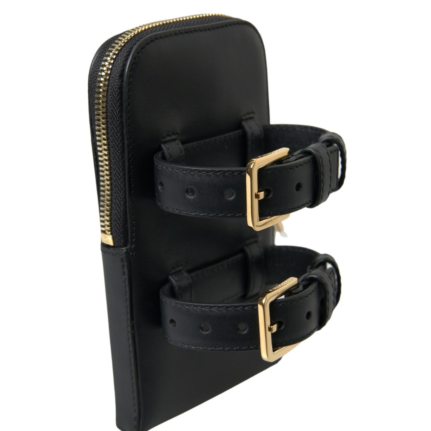 Dolce & Gabbana Black Leather Men Purse Double Belt Strap Bracelet Bag