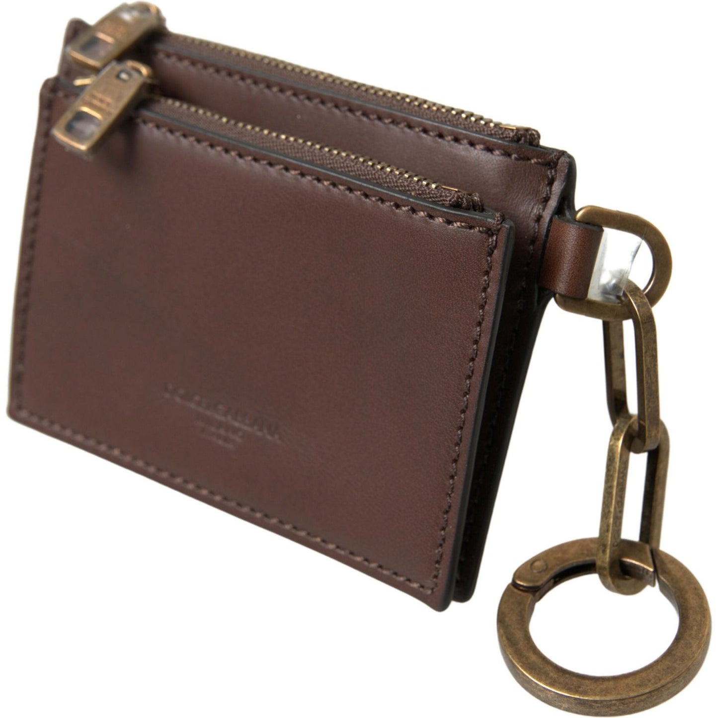Dolce & Gabbana Brown Leather Zip Logo Keyring Coin Purse Wallet
